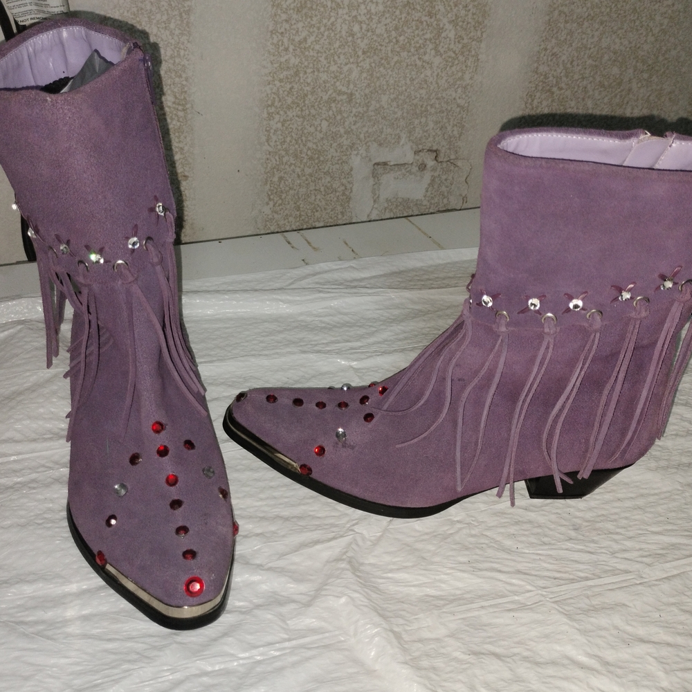 Purple Suede Ankle Boots with Fringe and Crystal Studs